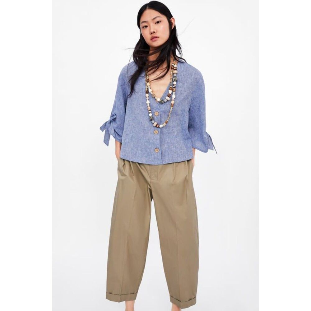 Zara Small Linen Blend Chambray Button Front V-Neck Flared Tie Sleeve